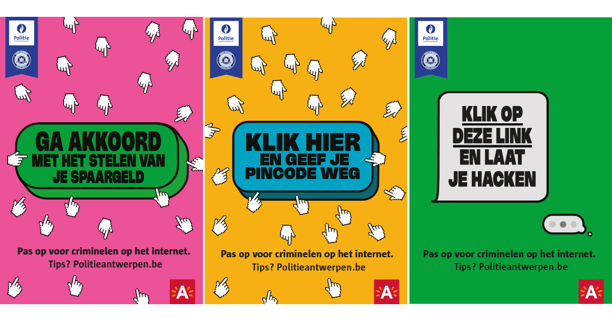 Drie affiches campagne cybercrime naast elkaar